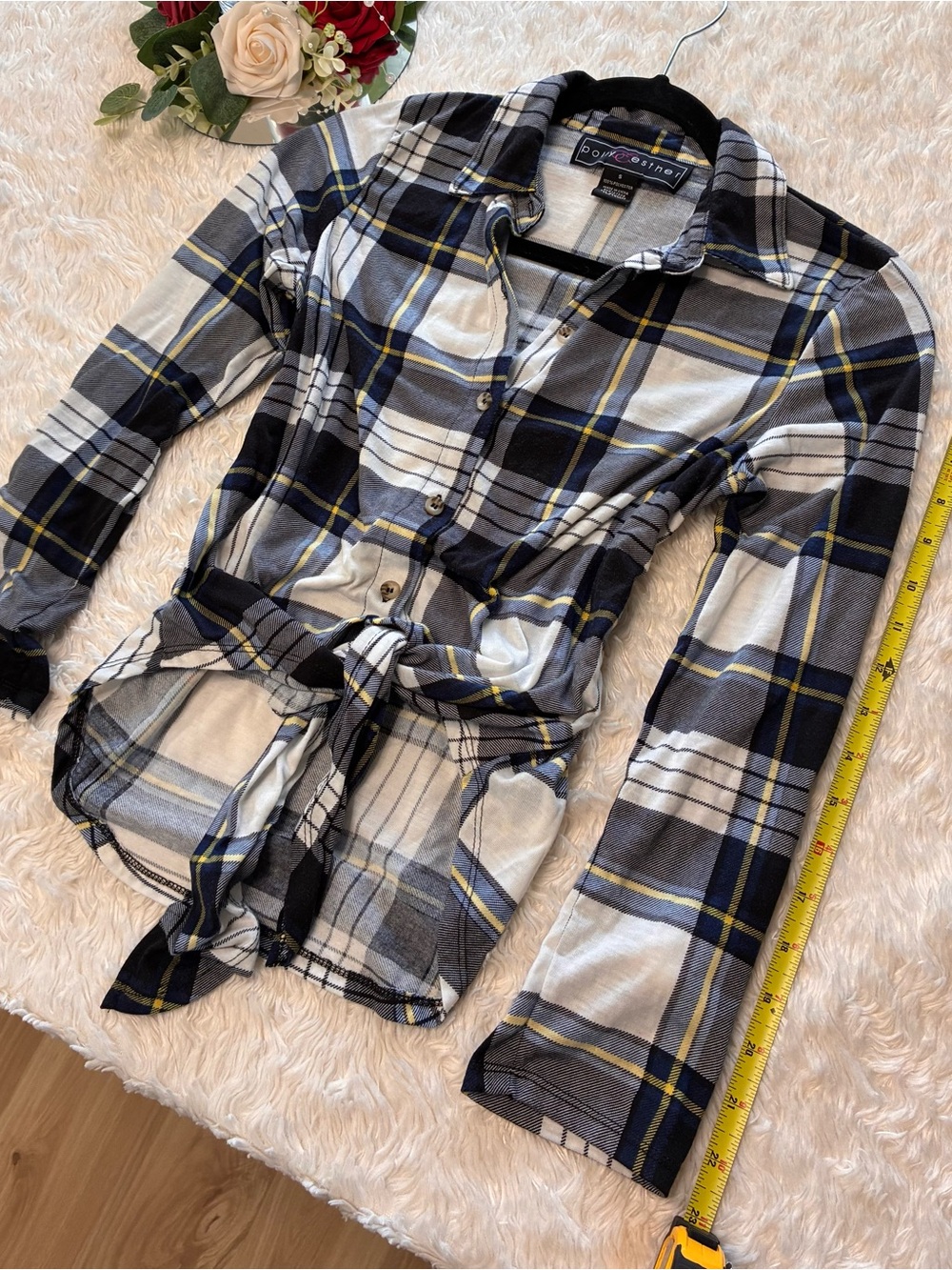 Polly & Esther Men’s Navy, Gray & Yellow Plaid Button-Down Shirt